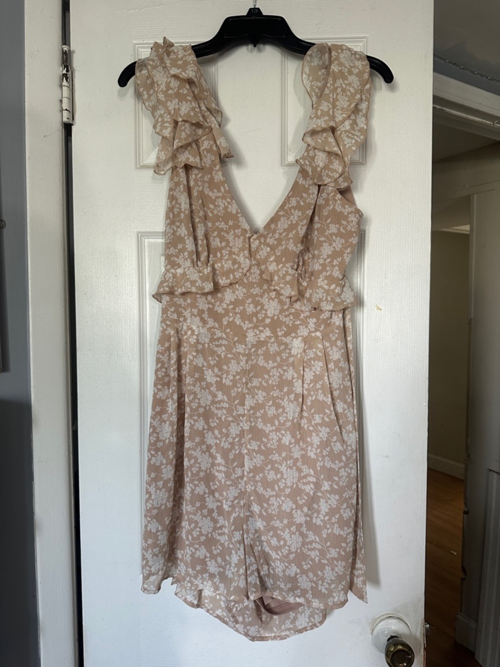 miami Beige Floral Ruffle-Shoulder Romper